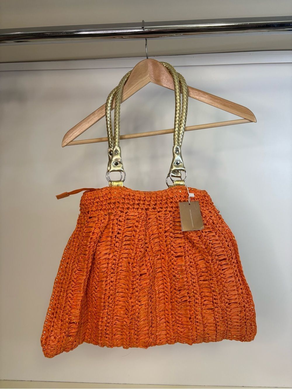NWT Woven Orange Raffia Tote with Braided Gold Handles